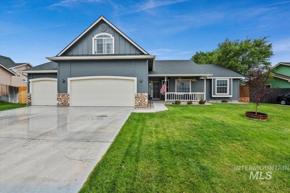 View of front of home featuring board and batten siding, a porch, stone siding, concrete driveway, and a shingled roof