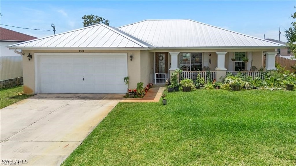 View of front of property featuring a porch, stucco siding, concrete driveway, a front lawn, and an attached garage