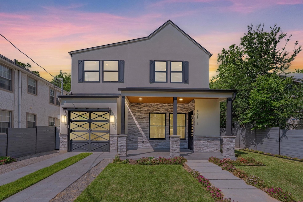 Contemporary house featuring fence, covered porch