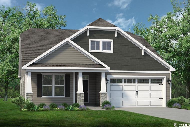 Craftsman inspired home featuring a porch, a front lawn, concrete driveway, and a shingled roof