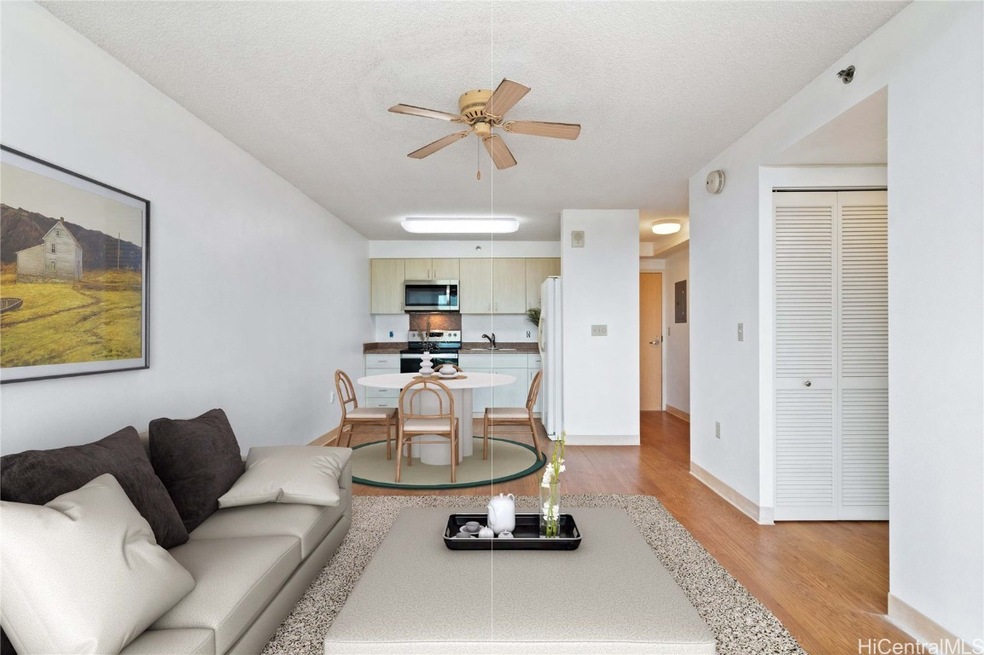 Staged picture of living room and dining area.