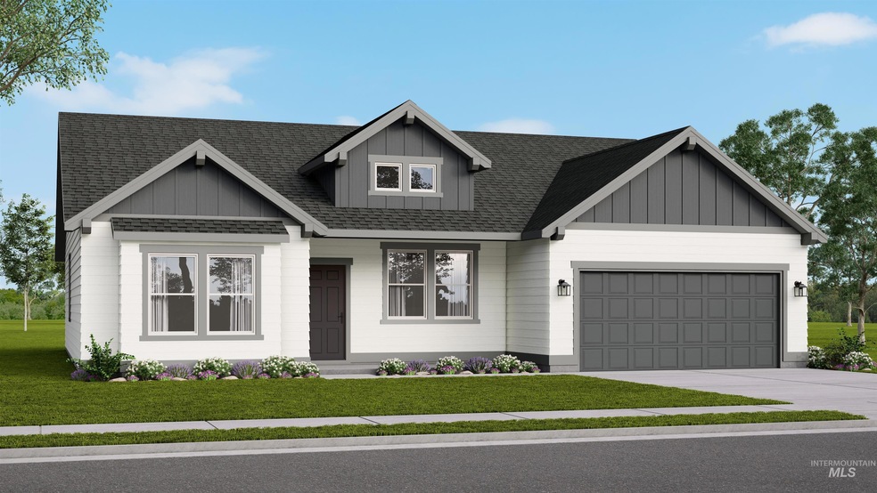 View of front of home featuring board and batten siding, a garage, driveway, and a front lawn