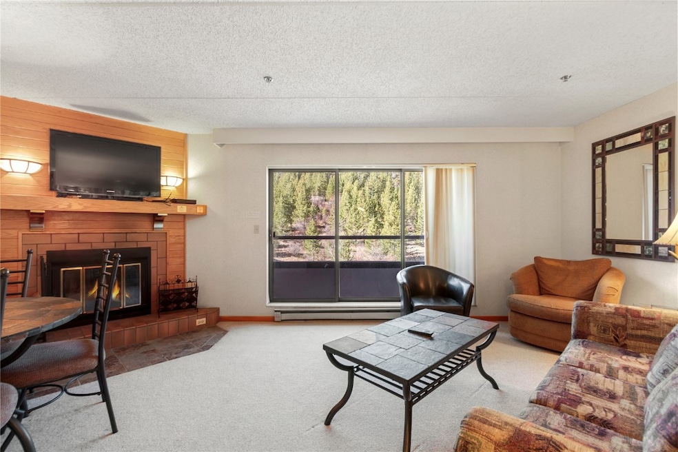 Living room featuring carpet, a fireplace, a textured ceiling, and a baseboard heating unit