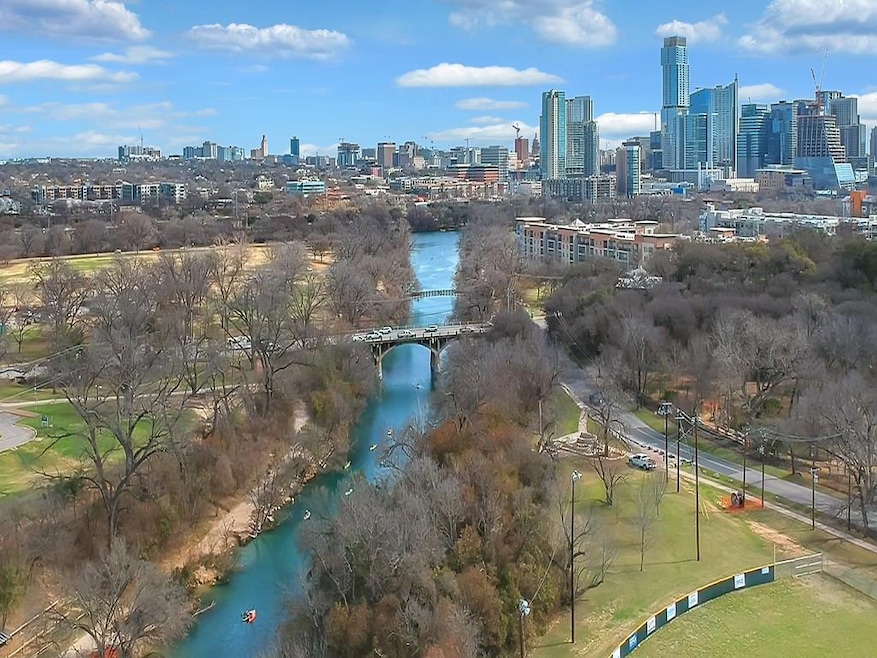 Aerial view of a view of skyline, a notable bridg