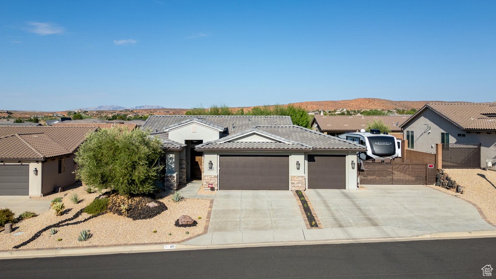 Ranch-style home featuring concrete driveway, a garage, stone siding, a residential view, and a tile roof