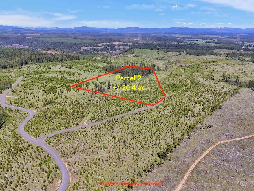 Aerial view of property's location with a mountainous background and property parcel outlined