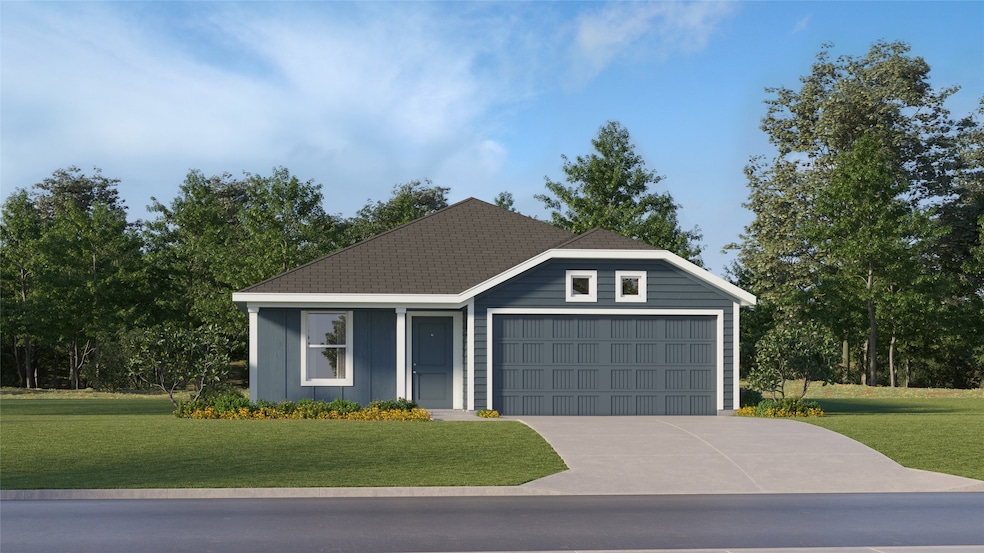 Single story home with a front lawn, concrete driveway, an attached garage, and board and batten siding
