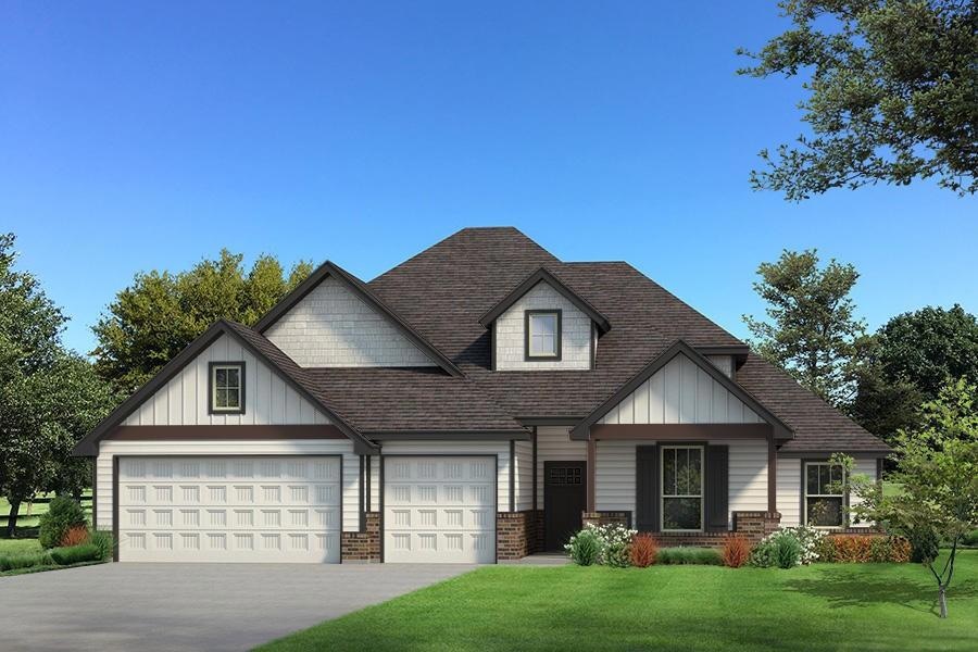 View of front facade with board and batten siding, a front yard, a shingled roof, and concrete driveway