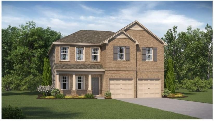 View of front facade with a garage, a front lawn, and brick siding