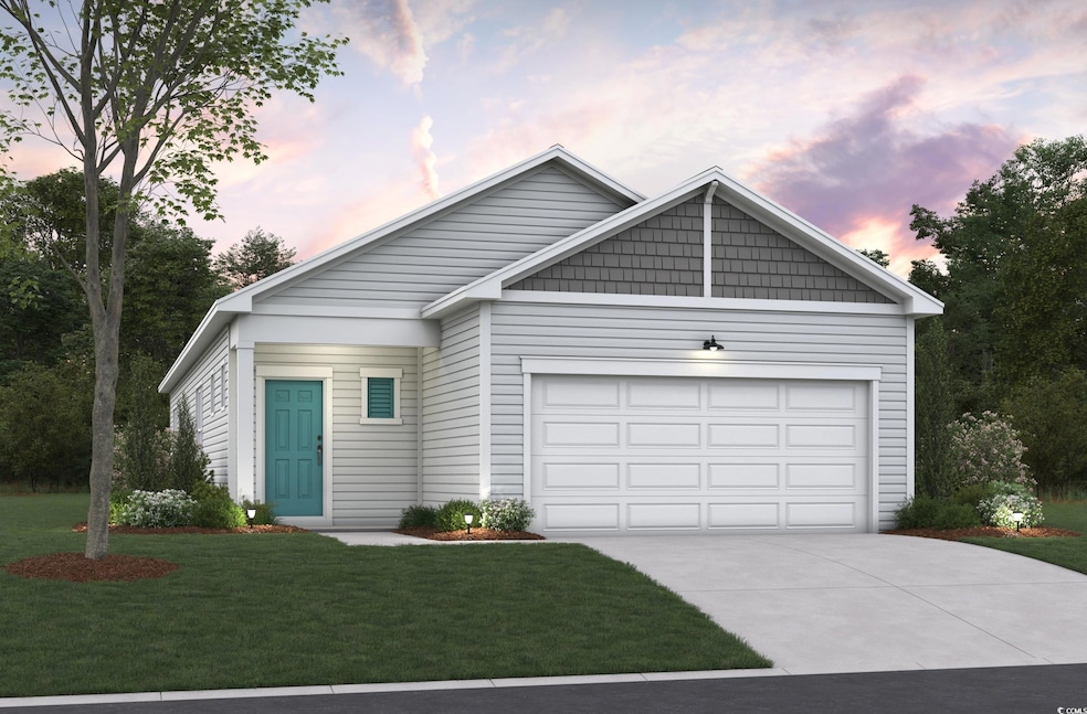 Single story home with a garage, a lawn, and concr