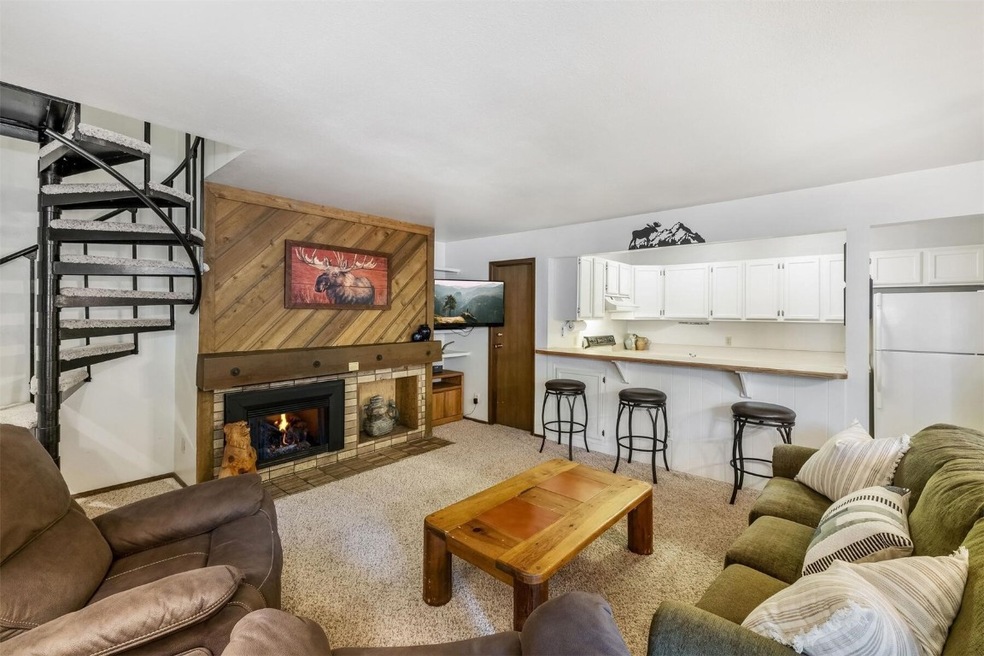 Carpeted living room with wooden walls