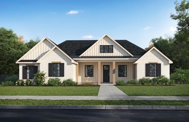 This beautifully crafted modern farmhouse blends rustic charm with contemporary elegance within a quiet country setting. Featuring a welcoming front porch with vertical board-and-batten siding and gable roof accents, as well as an architectural shing