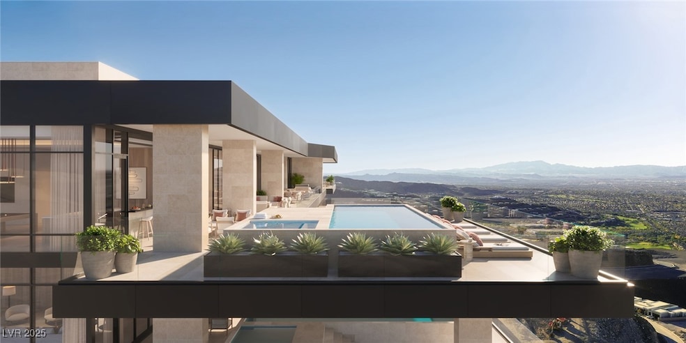 Balcony featuring a mountain view and view of pool