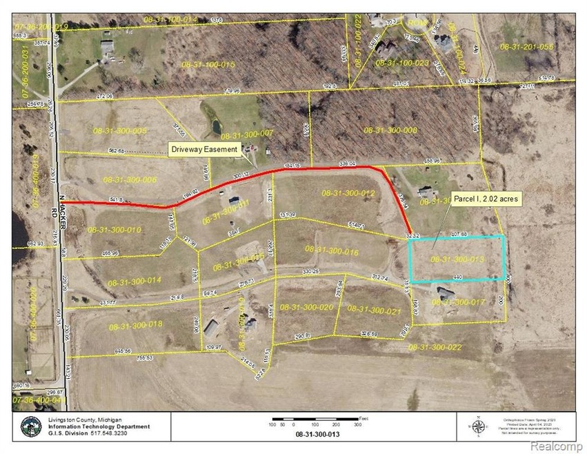 Aerial view showing easement to property in red.
