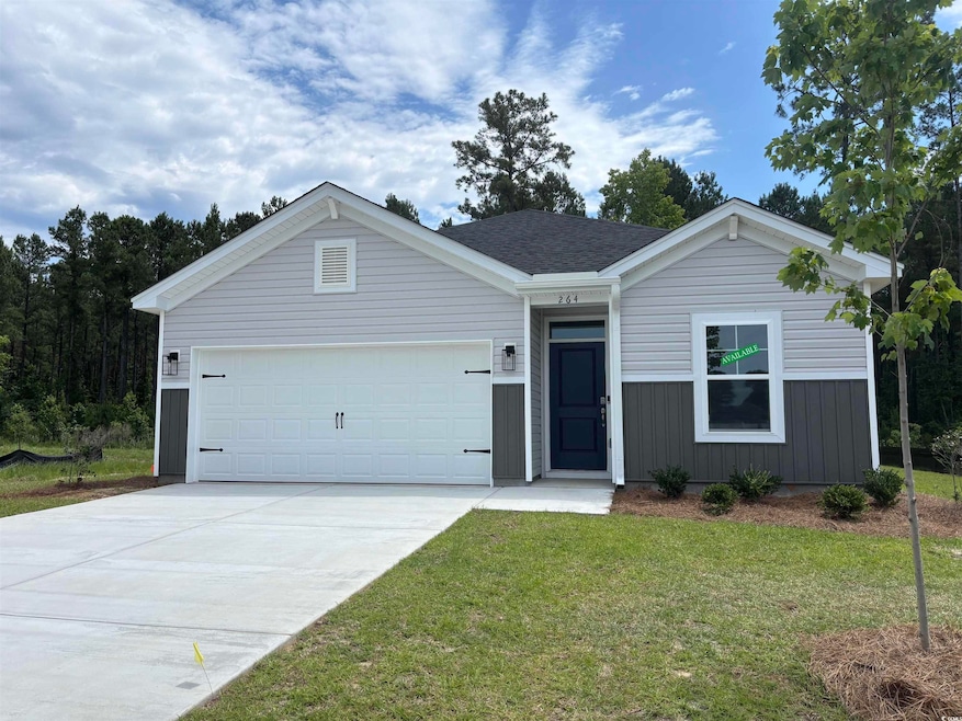 Single story home with driveway, a front lawn, an attached garage, and a shingled roof