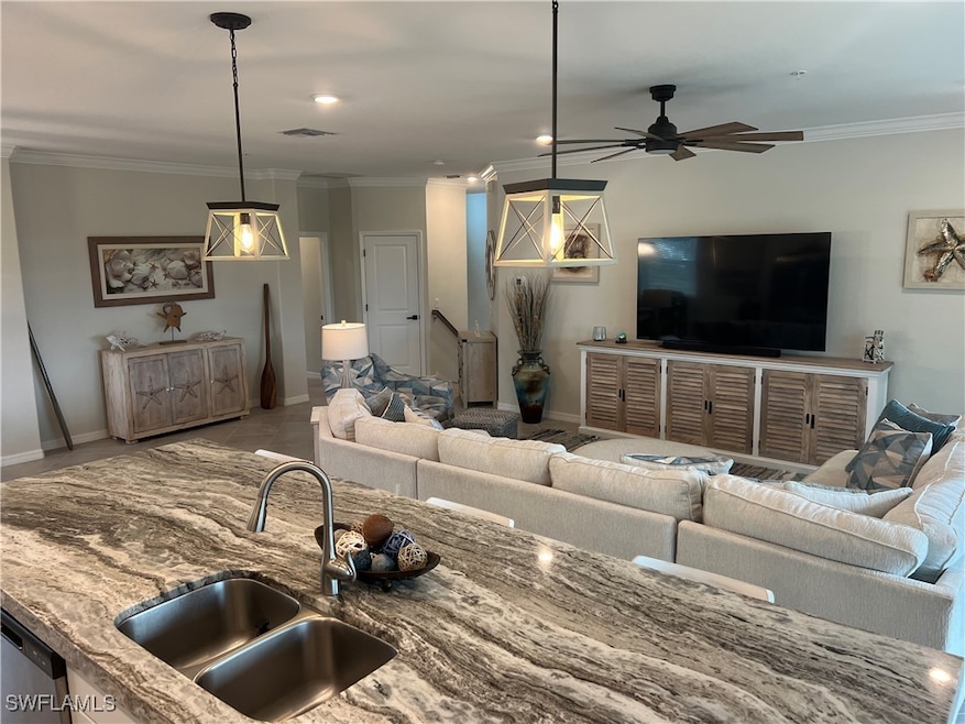 Kitchen featuring sink, pendant lighting, stainles