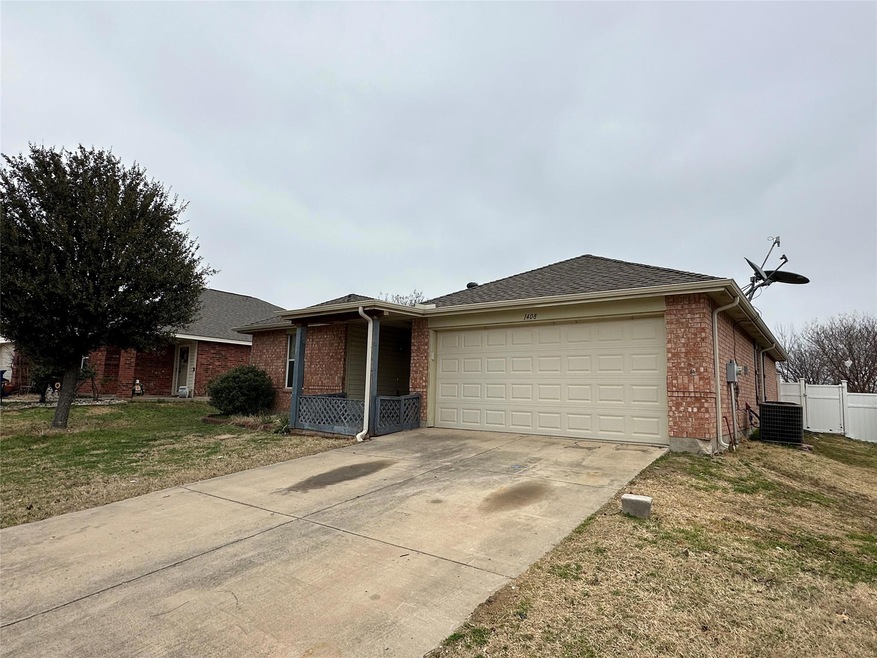 Ranch-style home featuring brick siding, fence, concrete driveway, central AC unit, and an attached garage