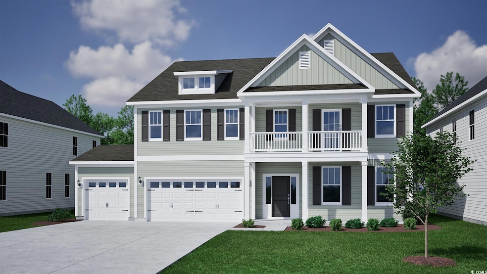View of front facade featuring covered porch, a shingled roof, concrete driveway, and a front lawn