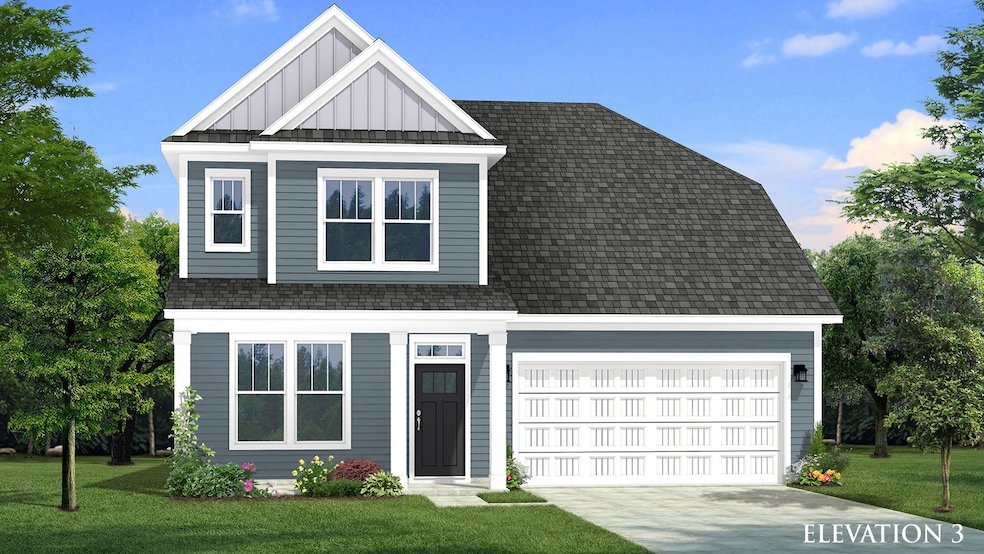 Two-story single family home with blue siding, a covered front porch and 2 car garage.