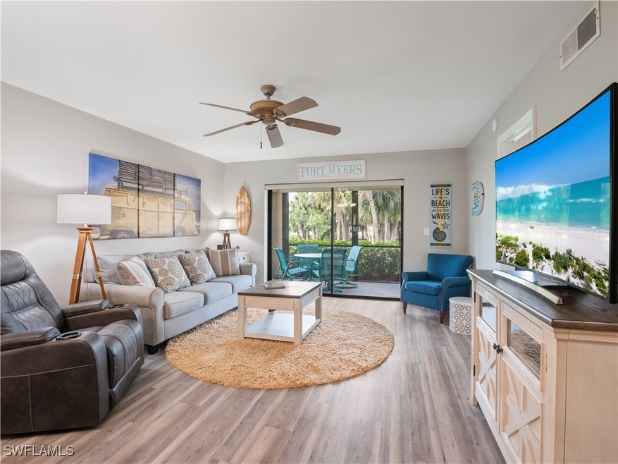 Living room with visible vents, wood finished floo