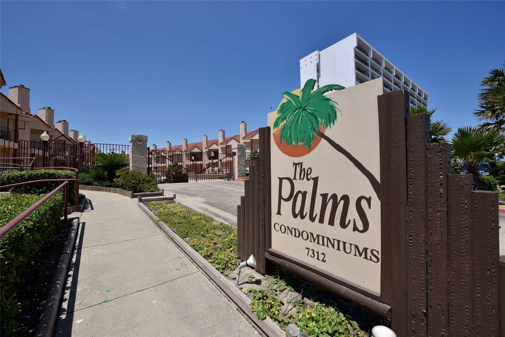 The Palms Condos, 7312 Seawall Blvd, Galveston island, a 48 units town home complex, gated entries from both Seawall and Stewart rd, assigned and covered parking, pool, BBQ area, across the street to Gulf and beach