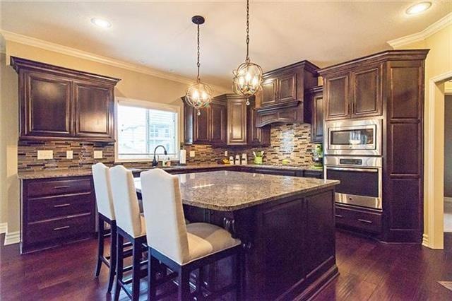 Gorgeous granite and backsplash surrounded by dark