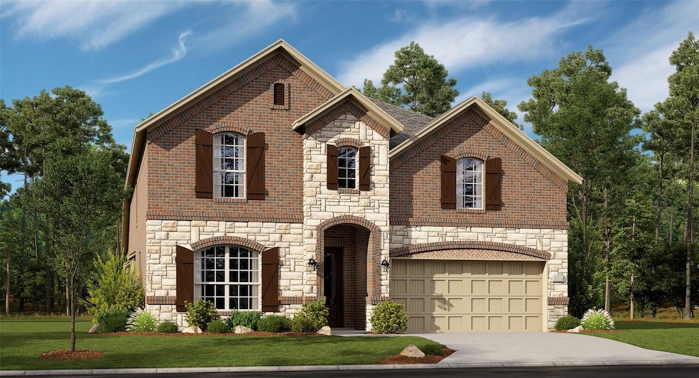 French country inspired facade with a front lawn, 