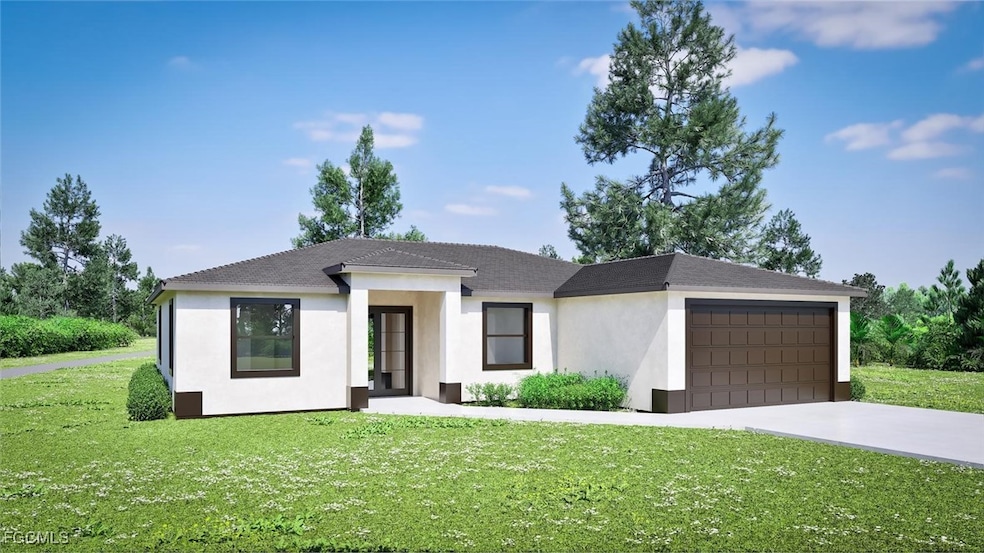 View of front of property featuring a front yard, stucco siding, concrete driveway, and a garage Virtual RENDER, finished product may vary.