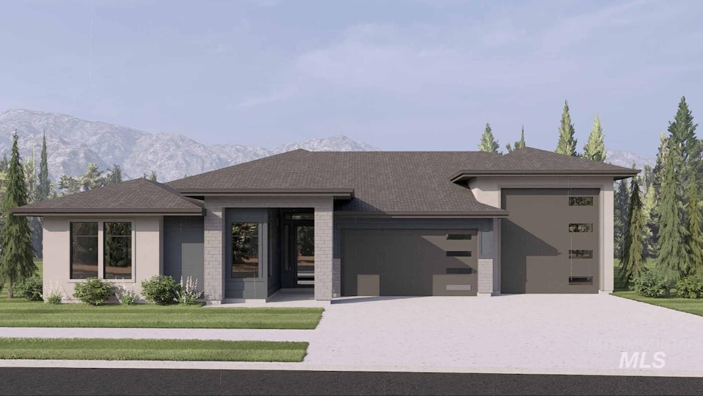 Prairie-style house featuring a front lawn, an attached garage, driveway, and a mountain view