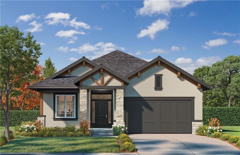 View of front facade featuring stone siding, a shingled roof, concrete driveway, and a front lawn. Rendering for conceptual purposes.