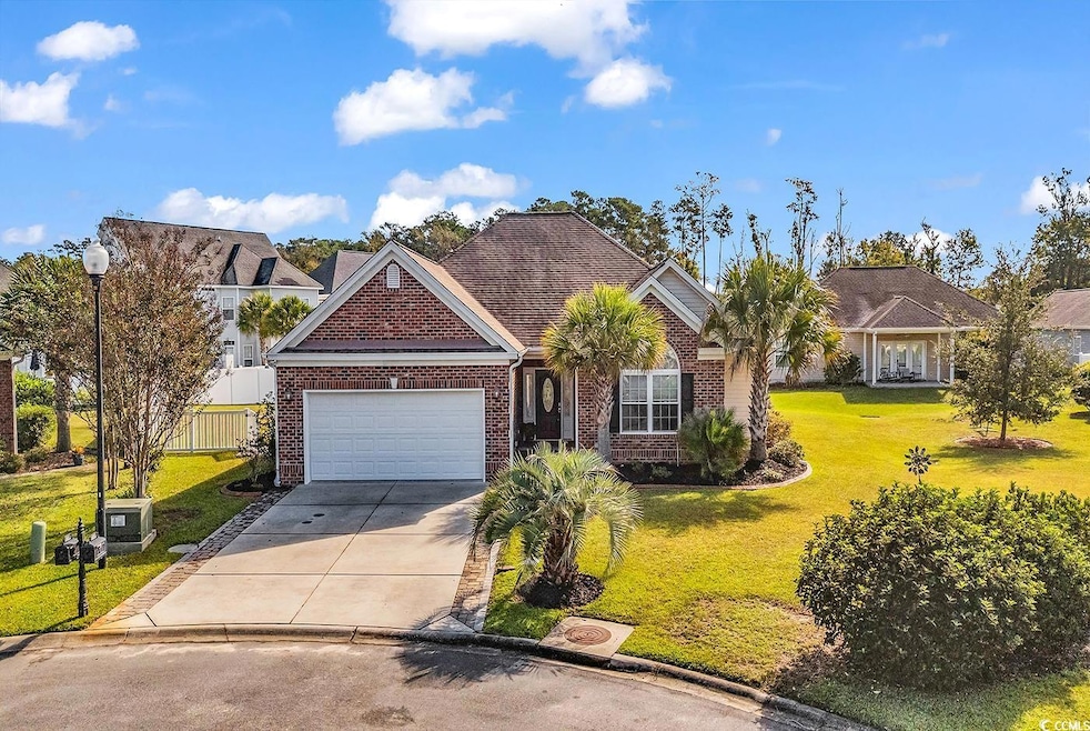 Ranch-style home with brick siding, concrete driveway, a garage, and a shingled roof