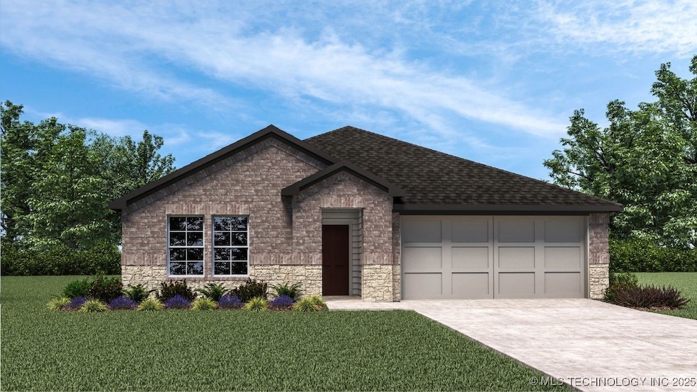 View of front facade with concrete driveway, stone