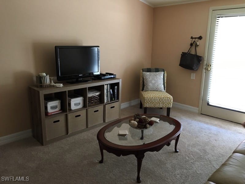 Living area featuring light carpet and baseboards