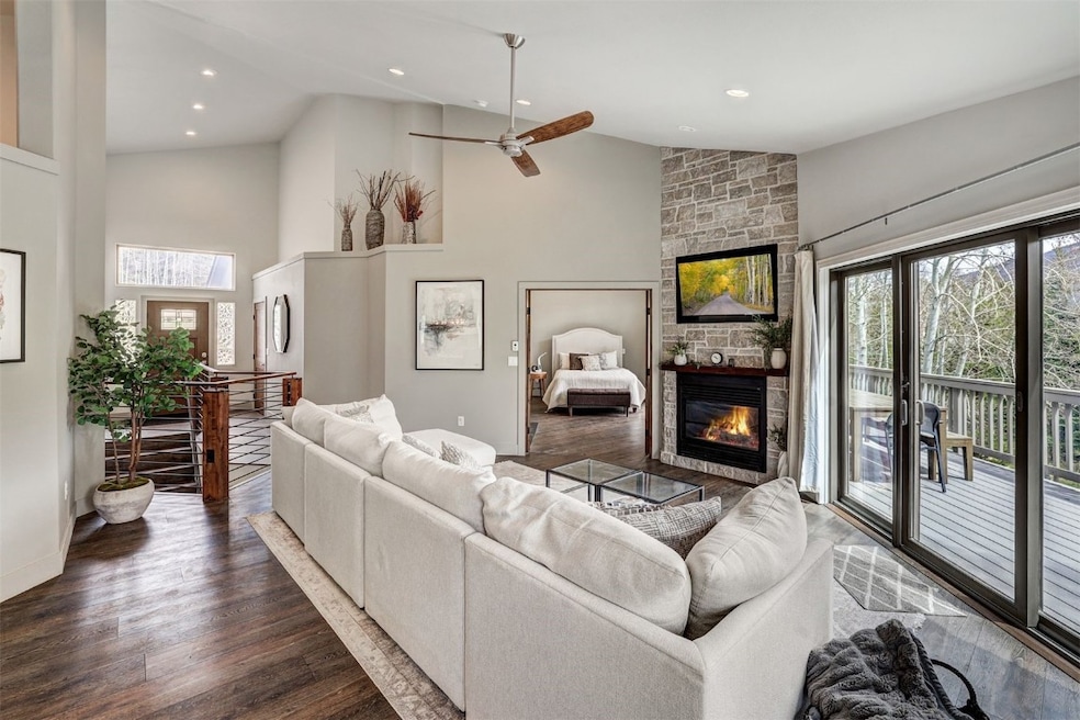 Living area with a stone fireplace, dark wood-styl