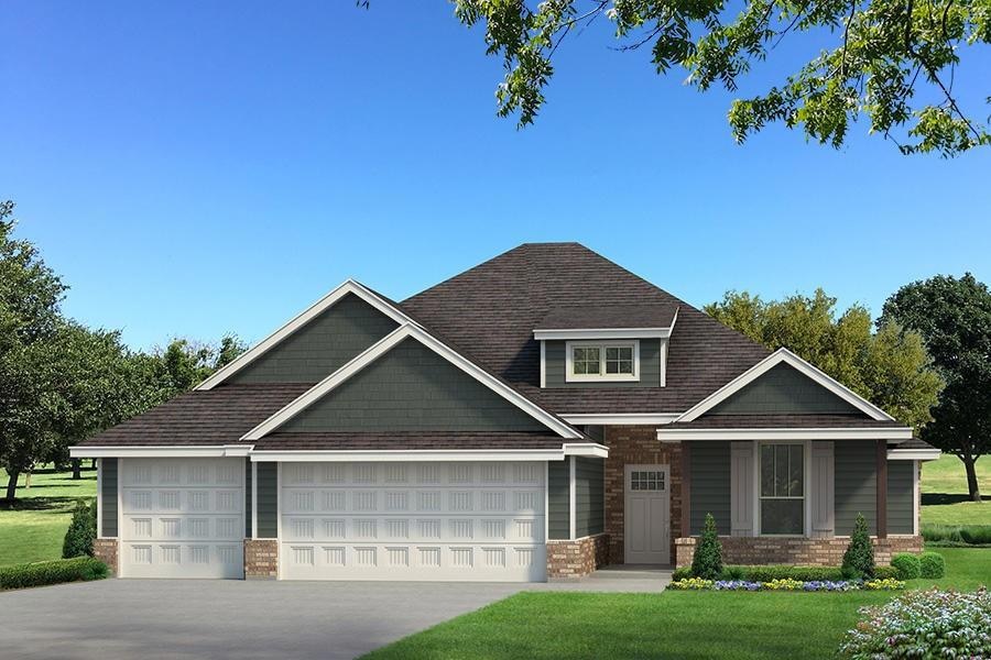 Craftsman-style house featuring a front yard, brick siding, concrete driveway, a garage, and a shingled roof