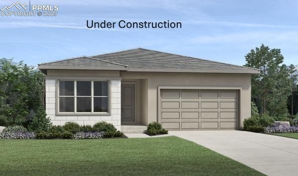 View of front of home featuring a front lawn, driveway, stucco siding, and a garage