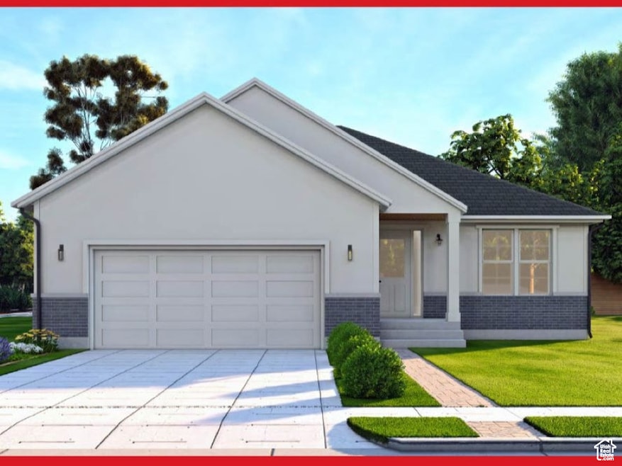THE GEMMA! Ranch-style house featuring brick siding, an attached garage, concrete driveway, a front yard, and stucco siding