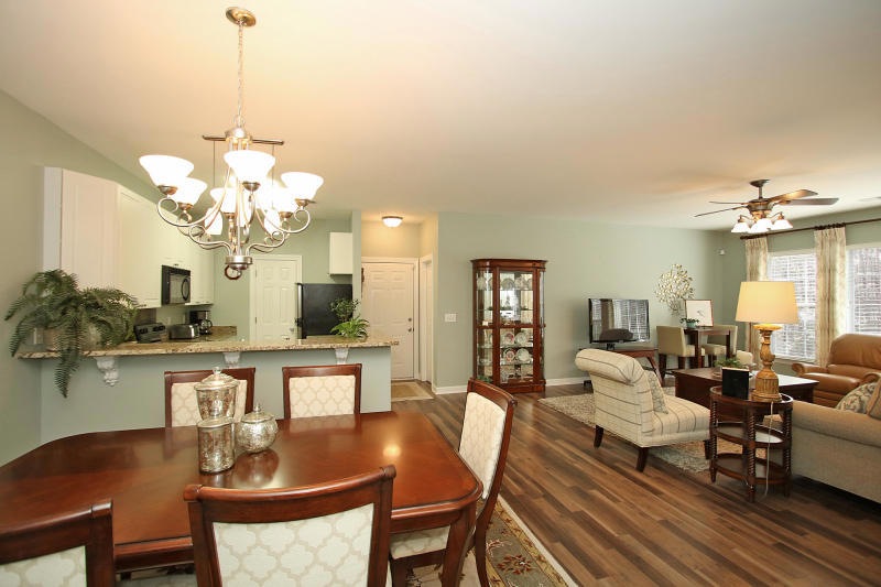 kitchen, dining and living