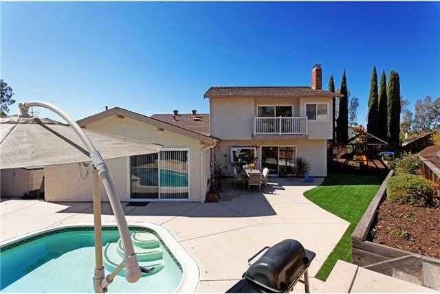 Solar heated pool, patio, eco-friendly turf grass,
