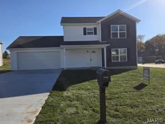 Traditional home featuring driveway, a garage, a front lawn, and covered porch
