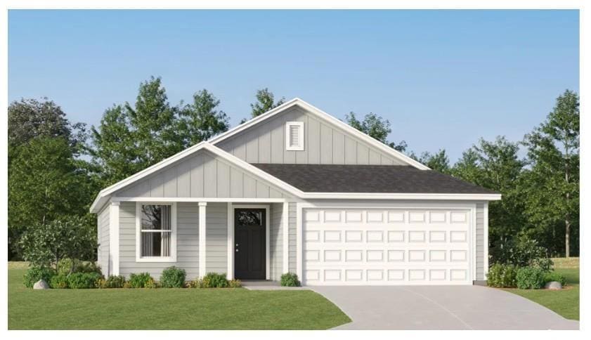 View of front facade featuring board and batten siding, driveway, a garage, and a front lawn
