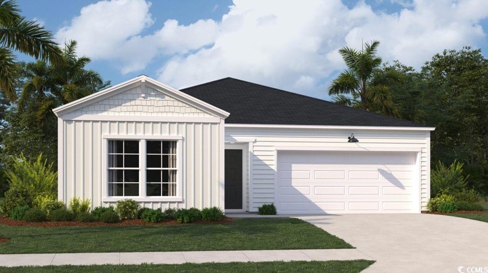 View of front facade with board and batten siding, concrete driveway, an attached garage, and a front lawn