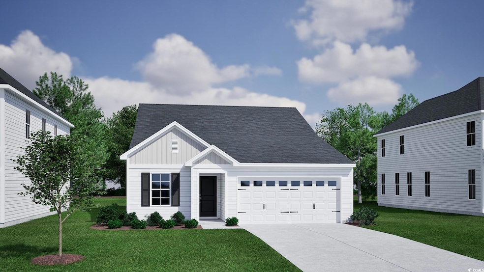 View of front of home featuring an attached garage, board and batten siding, a front yard, driveway, and roof with shingles