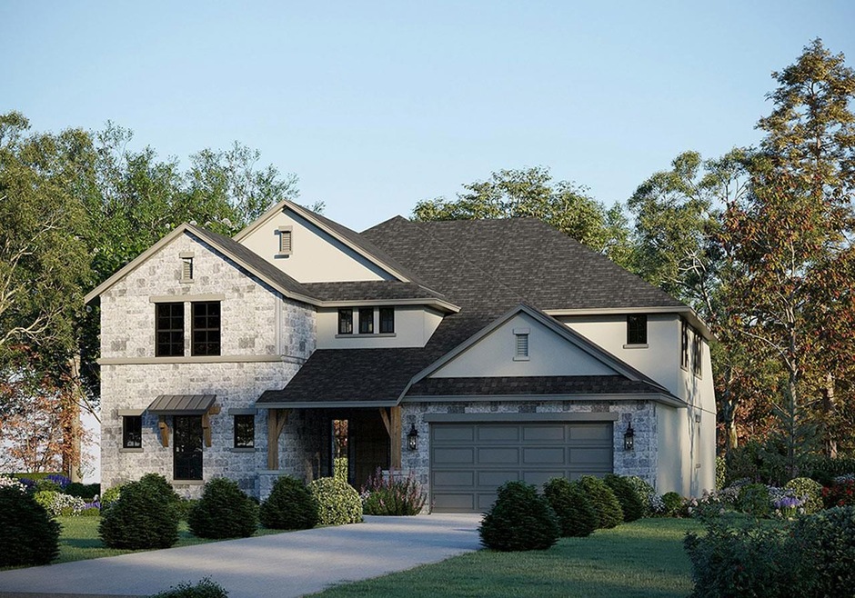 View of front facade with stone siding, driveway, and a front yard