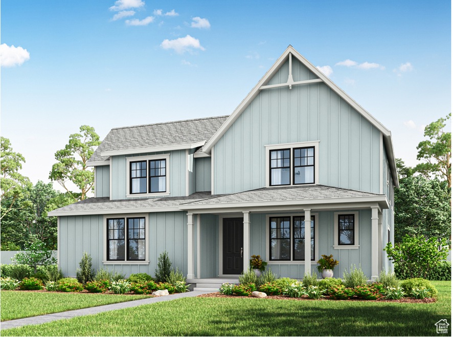 Modern farmhouse with roof with shingles, board and batten siding, and a front yard