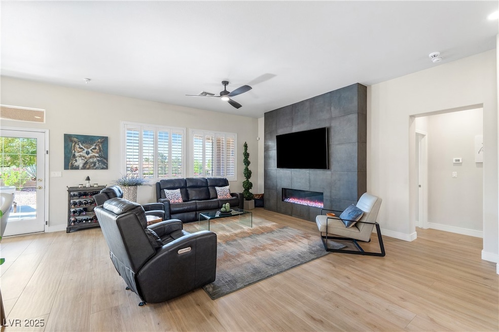 Living area with ceiling fan, baseboards, and a fi