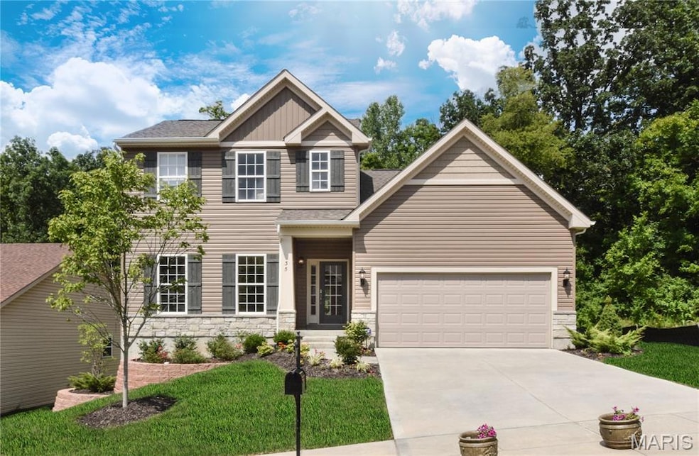 Craftsman house with stone siding, driveway, a shingled roof, and a front lawn