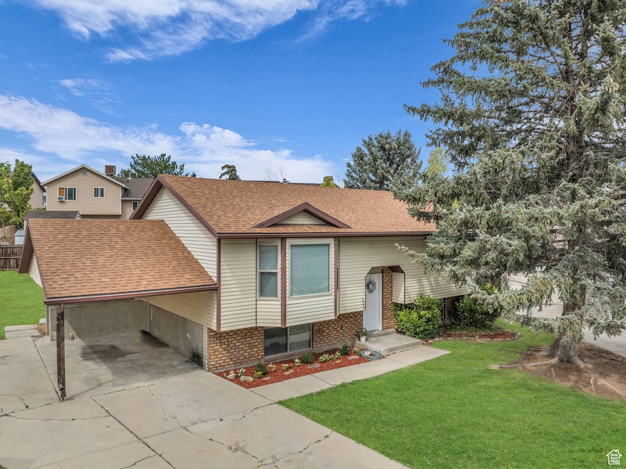 Raised ranch with brick siding, a front yard, roof with shingles, and concrete driveway