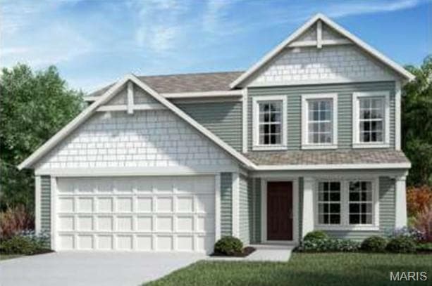 View of front facade featuring a garage, driveway, a front lawn, and a porch