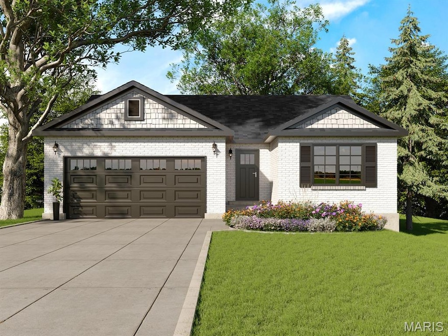 View of front facade with a garage, a front yard, driveway, and brick siding